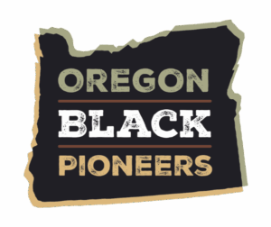 Logo of Oregon Black Pioneers features the group's name in bold letters over a stylized outline of the state of Oregon.