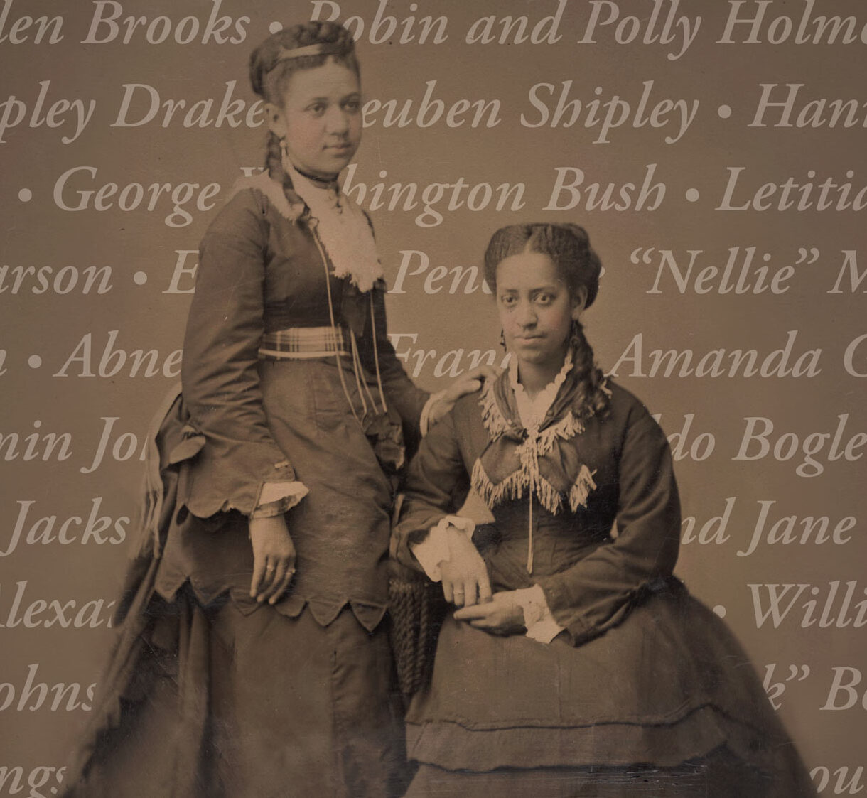 Portrait of Mary Jane Holmes Shipley Drake wearing a decorative hat and layered clothing, seated and facing the camera with a neutral expression. Sepia-toned image in a circular frame, evocative of early photographs documenting Oregon’s Black History.