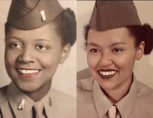 A colorized side by side photo of a two women, the woman on the left is smiling and wears a Woman's Army Corps uniform, the woman on the right has a similar looking uniform, hat and smile.