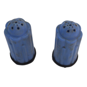 A pair of blue pepper shakers on a white background.