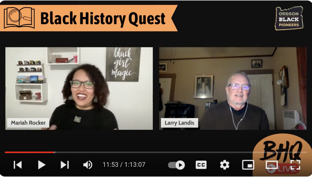 A screenshot of a virtual meeting titled "Black History Quest," featuring two speakers, Mariah Rocker and Larry Landis, engaged in a discussion.
