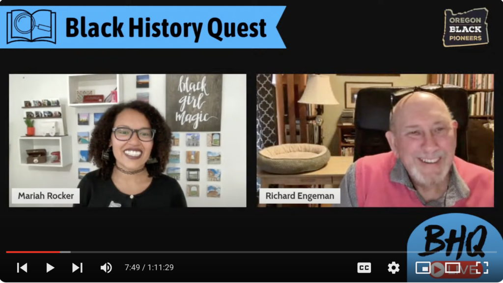 Two people are shown in a virtual meeting for "Black History Quest," with one named Mariah Rocker and the other named Richard Engeman. The screen prominently features the Black History Quest logo, reinforcing that The Quest Continues.