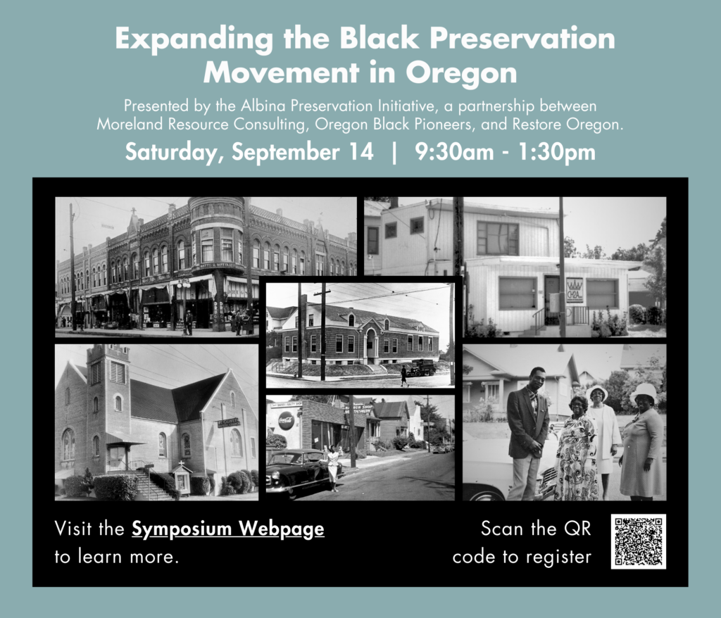 Flyer titled "Expanding the Black Preservation Movement in Oregon" with event details and black-and-white historical photos. Event date is Saturday, September 14, from 9:30 AM to 1:30 PM.