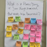 A poster with handwritten text asking, "What is a Place/Story in Your Neighborhood that needs to be Preserved?" surrounded by colorful sticky notes with various suggestions written on them.