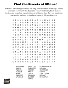 Word search puzzle titled "Find the Streets of Albina," beloved by educators, featuring a grid with hidden names like Mississippi, Albina, Knott, and others. Instructions and a list of words to find are included.