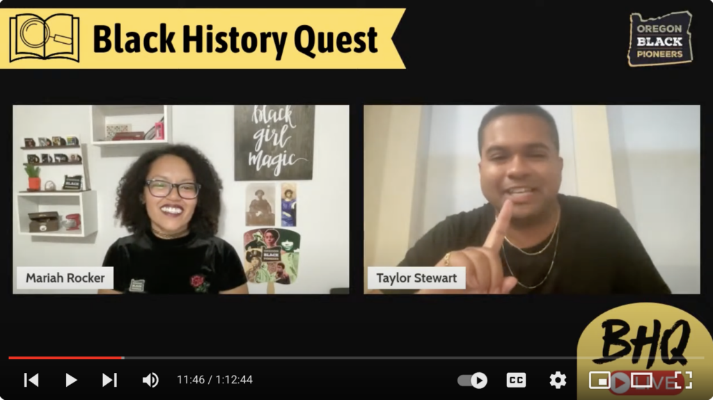 Screenshot of a video call between Mariah Rocker and Taylor Stewart during "The Quest Continues Episode 3" of "Black History Quest." Both are smiling, with Taylor holding up one finger.