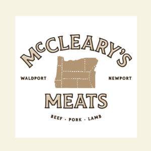 McCleary's Meats logo showcases an outline of Oregon, highlighting "Waldport" and "Newport." This black-owned business on the Oregon Coast proudly offers "Beef Pork Lamb." Perfect for merch that supports local entrepreneurship.