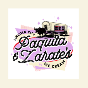 Logo for "Paquita & Zarate's Ice Cream" in Lincoln City, highlighting a Black-owned business on the Oregon Coast. Features an ox-drawn ice cream cart with decorative text and pastel accents, perfect for merch that captures its unique charm.