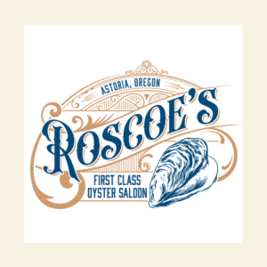 Vintage-style logo for "Roscoe's First Class Oyster Saloon" in Astoria, Oregon, celebrating Black-owned businesses on the Oregon Coast. The design features ornate text and a striking oyster illustration, perfect for merch that captures this unique cultural heritage.