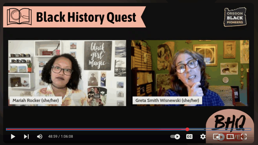 Mariah Rocker and Greta Smith Wisniewski appear in a virtual discussion for The Quest Continues Episode 3 of Black History Quest, with posters and books visible in their backgrounds.