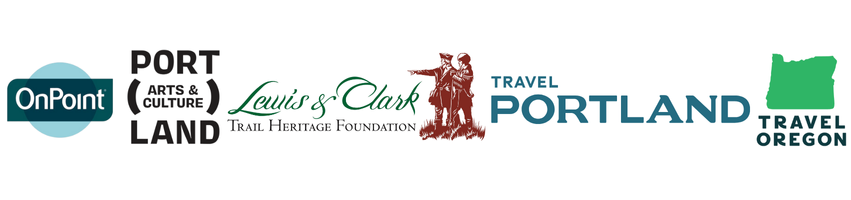 Logos of OnPoint, Portland Arts & Culture, Lewis & Clark Trail Heritage Foundation, Travel Portland, and Travel Oregon are displayed in a row.