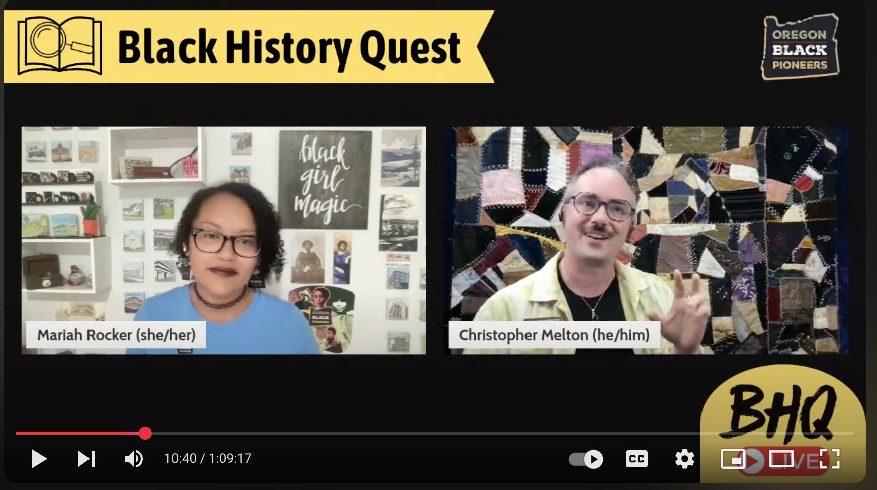 A video panel titled "Black History Quest: The Quest Continues Episode 3" features Mariah Rocker (she/her) and Christopher Melton (he/him) speaking, with colorful background decor visible behind each person.