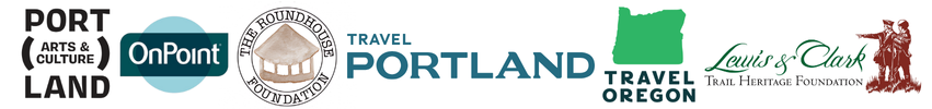 A row of six logos—Port Arts & Culture, OnPoint, an Indigenous longhouse, Travel Portland, Travel Oregon, and Lewis & Clark Trail Heritage Foundation—marks the celebration of York Fest.
