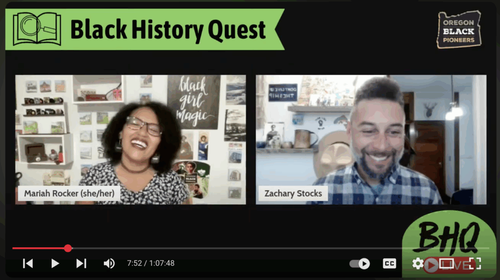 Screenshot of "Black History Quest: The Quest Continues Episode 3," featuring Mariah Rocker (she/her) and Zachary Stocks, both smiling during a lively online discussion.
