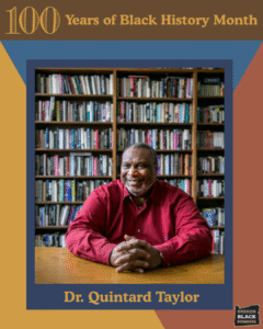Dr. Quintard Taylor sits at a desk in front of a bookshelf, smiling, for a Black History Month feature by Oregon Black Pioneers.