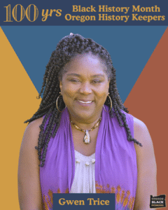 A woman with braided hair, wearing a purple vest and necklace, stands smiling in front of a geometric background with text celebrating Black History Month and Oregon History Keepers.
