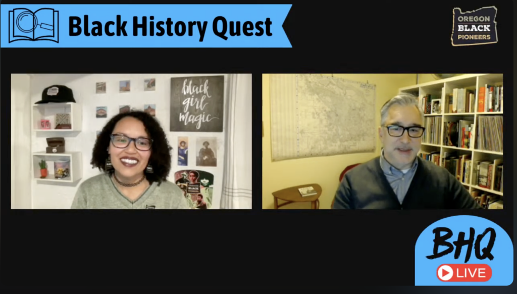 Two people participate in a virtual event titled "Black History Quest," with bookcases and posters visible in their respective backgrounds, as The Quest Continues to celebrate and explore Black history.