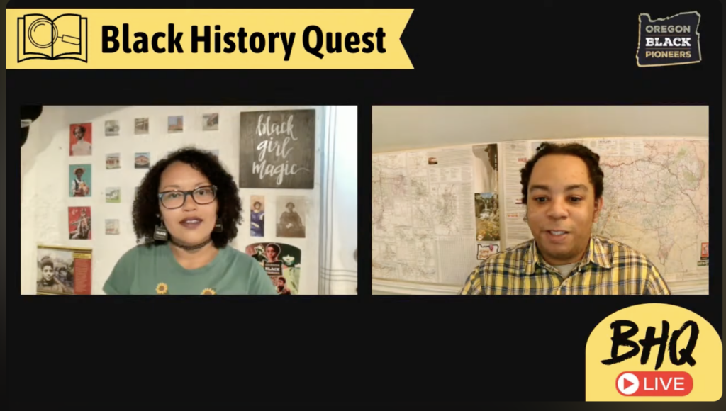 Two people participate in a virtual discussion for Black History Quest, with photos, posters, and maps in the background. Text asks, "What was Seaside's Sunflower Camp?" The Quest Continues as new stories unfold.