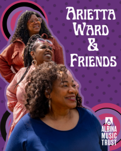Event poster for the Black Inclusion 100: A Black Exclusion Law Repeal Party featuring Arietta Ward & Friends with three women and the Albina Music Trust logo in the corner.