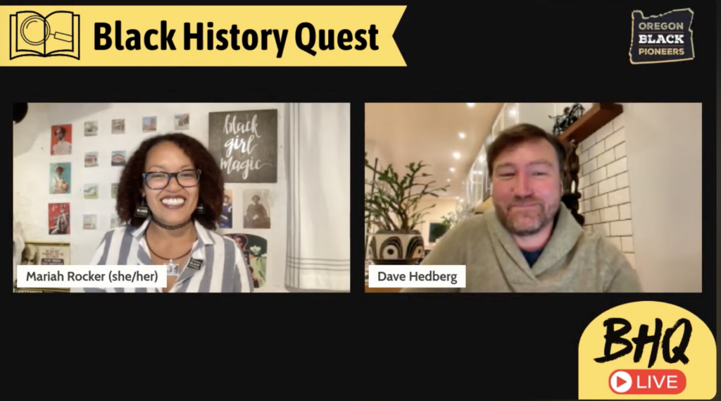 Video call screenshot for the Black History Quest, featuring speakers Mariah Rocker and Dave Hedberg as The Quest Continues.